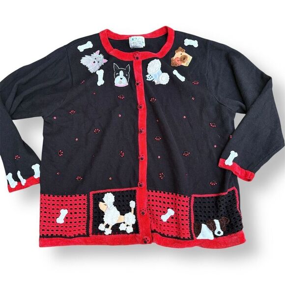 Vintage Quacker Factory Women's 2XL Black Red Dog Bone Cardigan Sweater - Picture 1 of 12